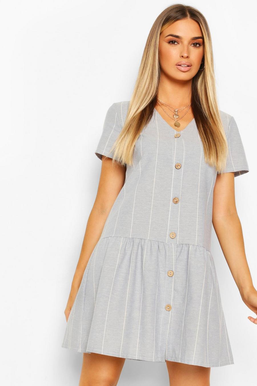 Pastel blue Linen Stripe Button Detail Smock Dress