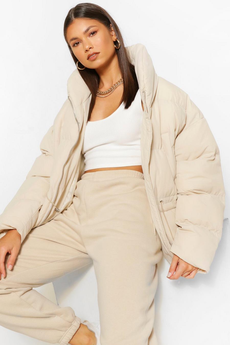Taupe Funnel Neck Waist Detail Puffer image number 1