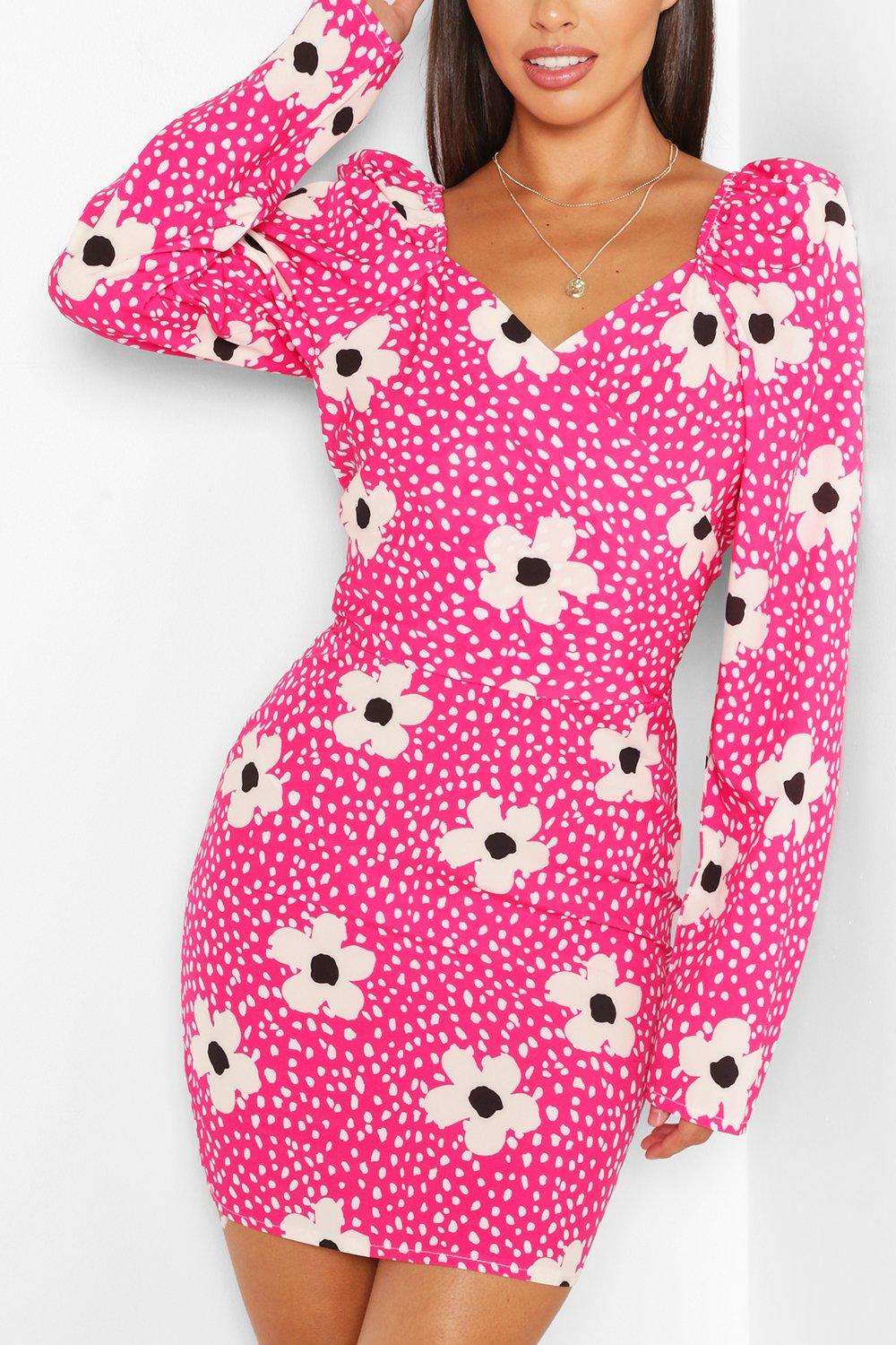 hot pink puff sleeve dress