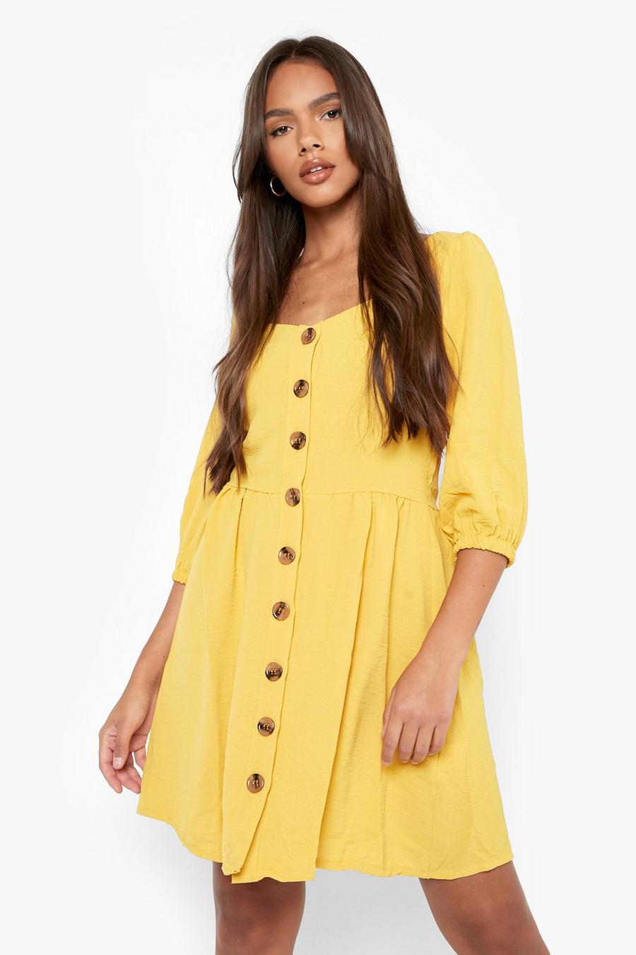 Mustard gul Linen Button Detail Square Neck Skater Dress