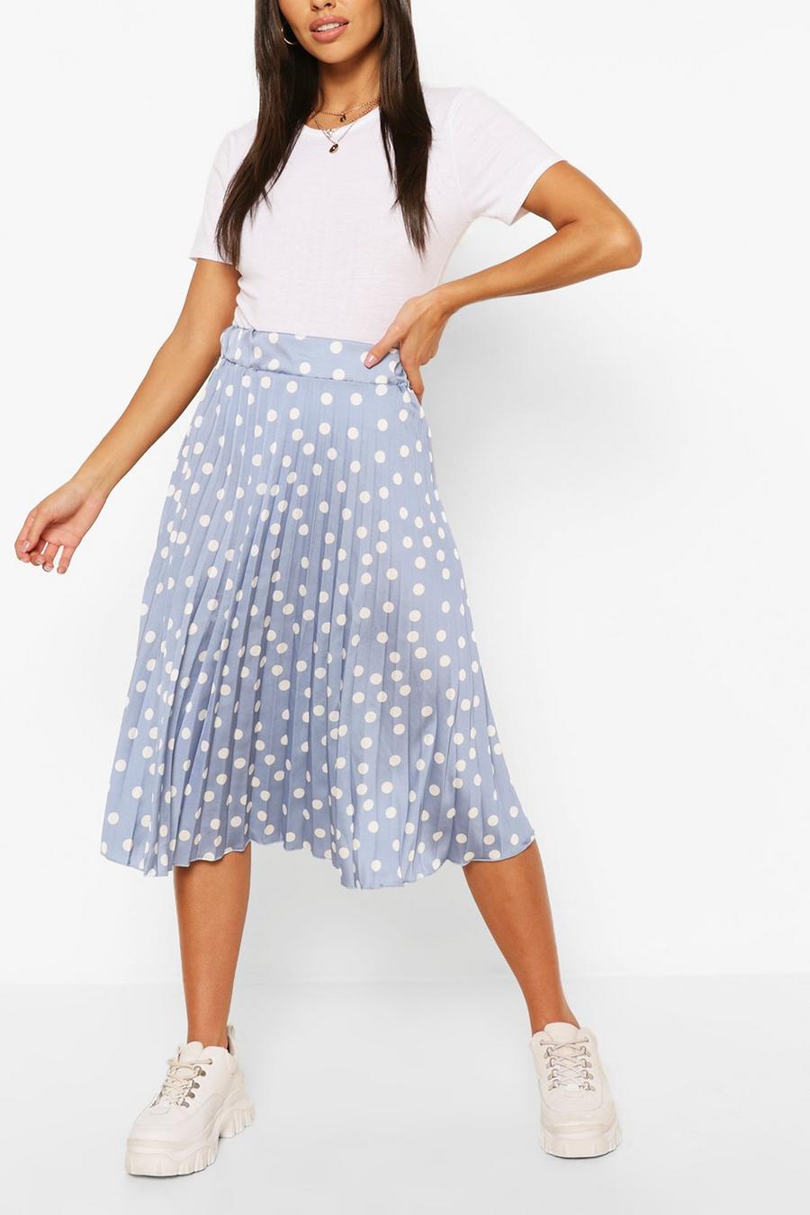 Blue Polka Dot Pleated Satin Midi Skirt image number 1