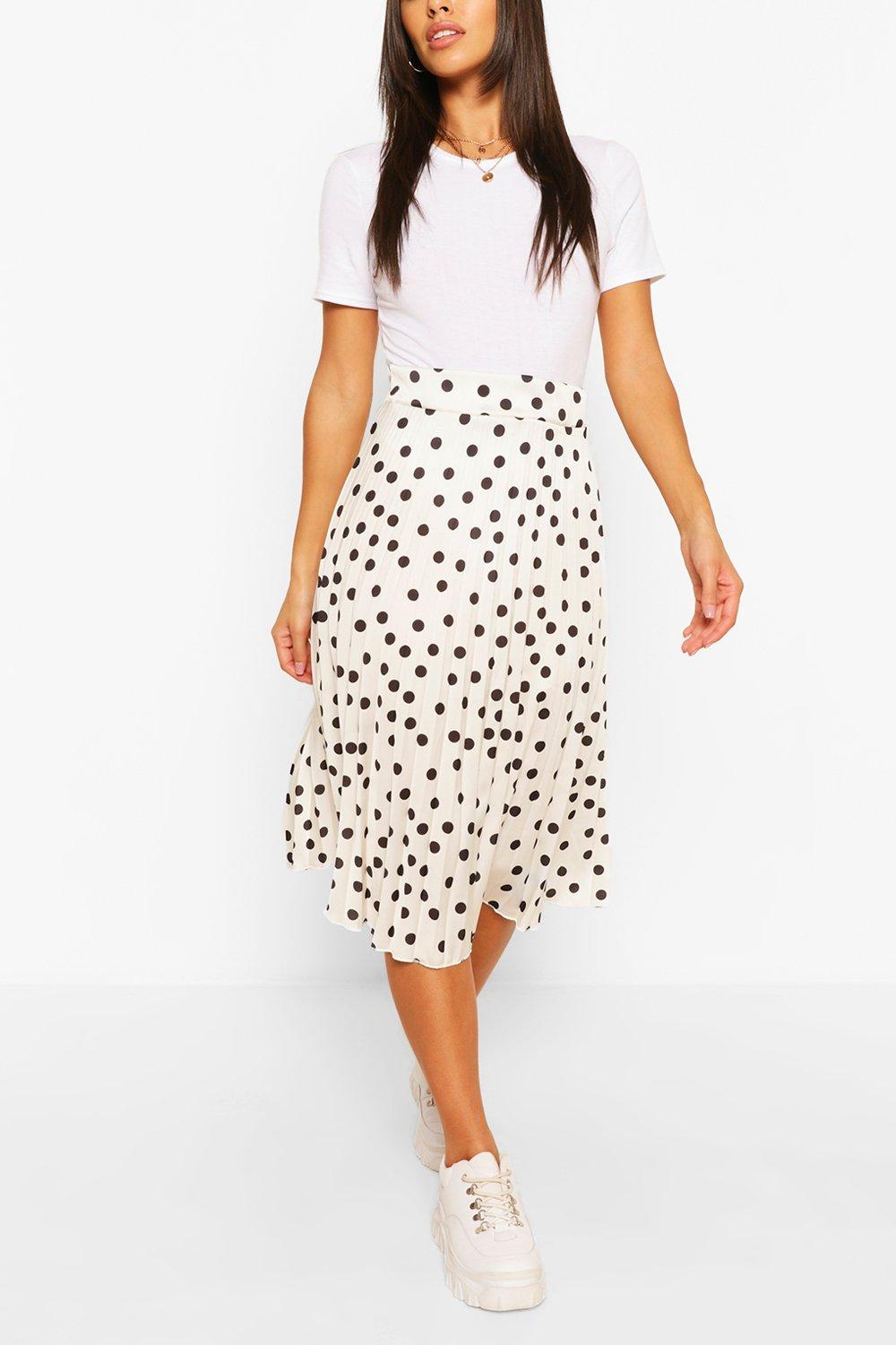 Polka Dot Pleated Satin Midi Skirt boohoo