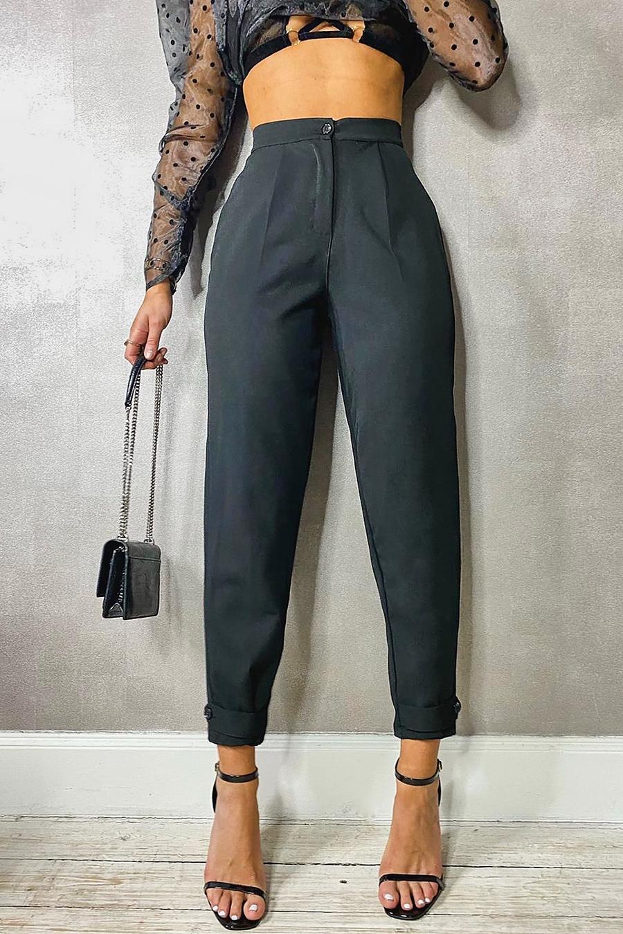 Black Woven Button Front Tailored Trousers image number 1