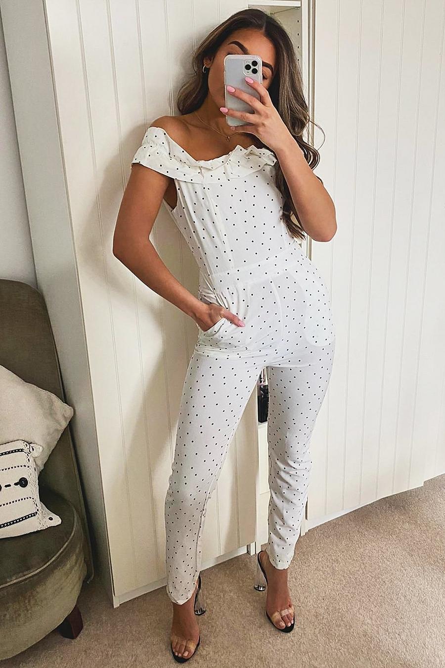 White Polka Dot Ruffle Off The Shoulder Jumpsuit