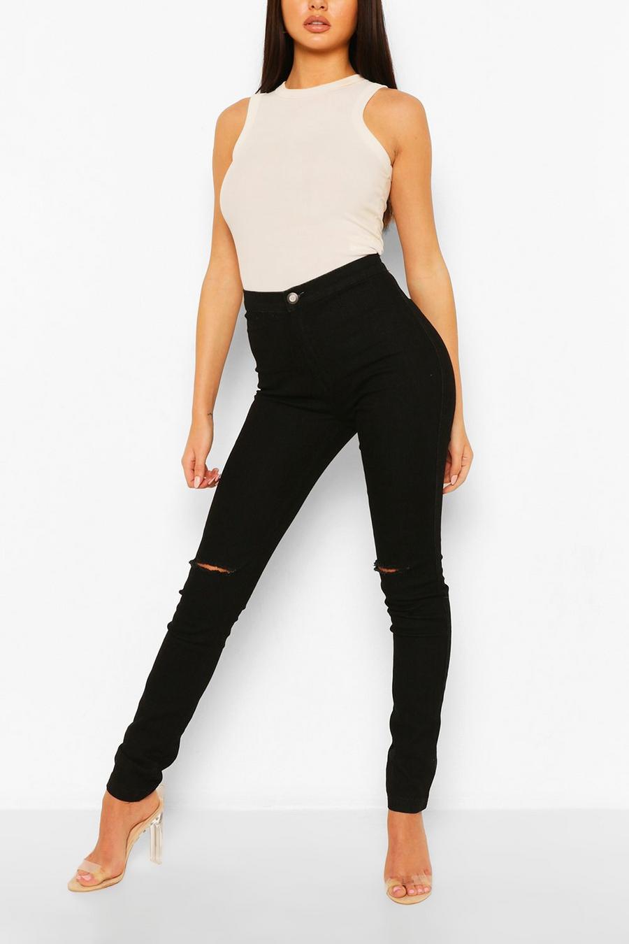 High Rise Siper Skinny Ripped Knee Jeans image number 1