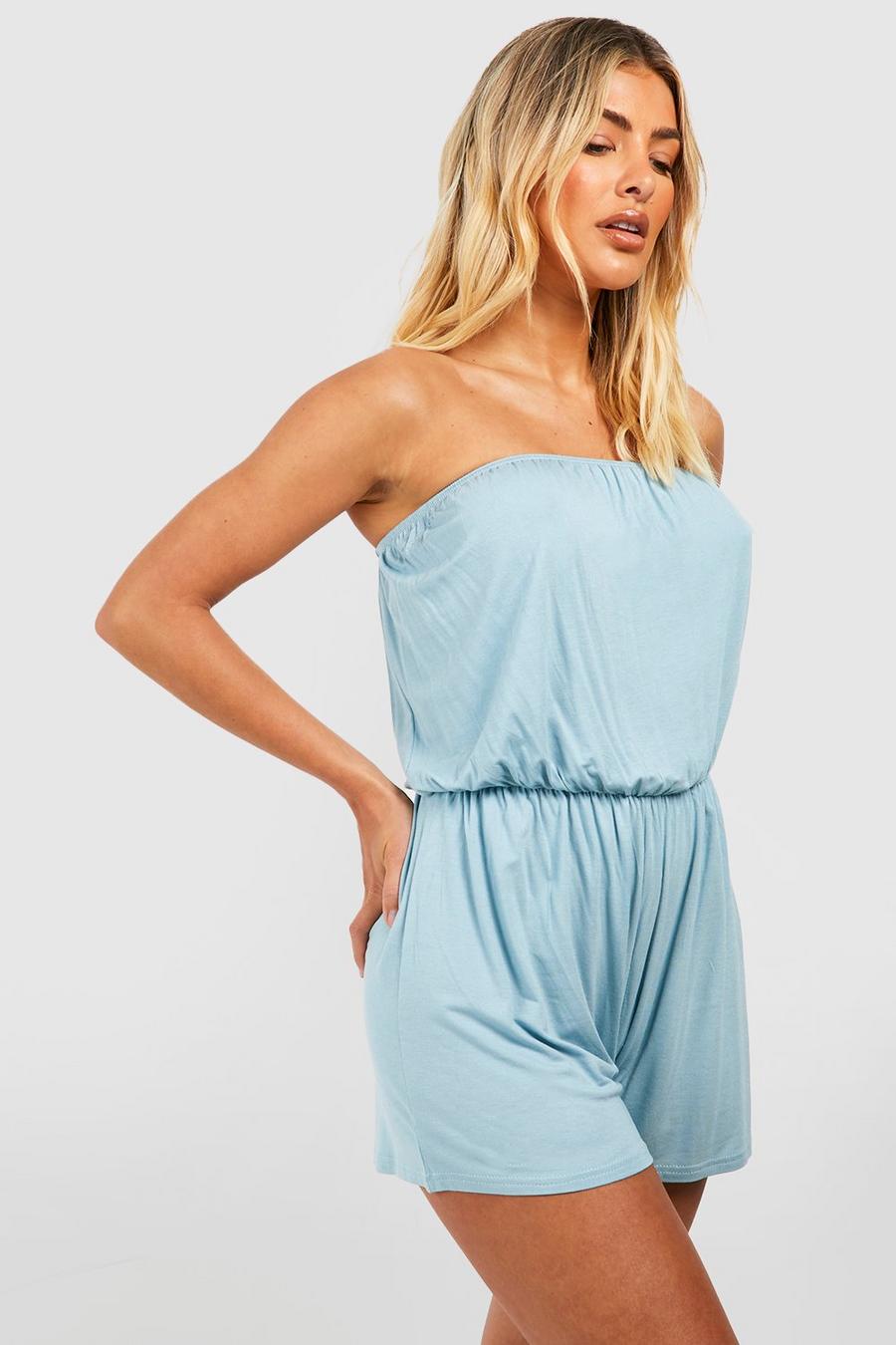 Turquoise Basic Strapless Playsuit Met Losse Zoom