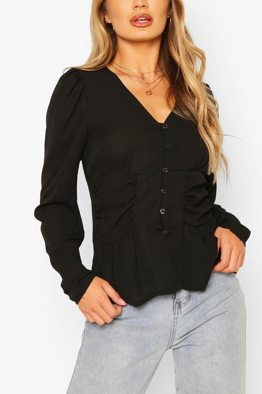 Black Woven Ruched Button Through Blouse image number 1