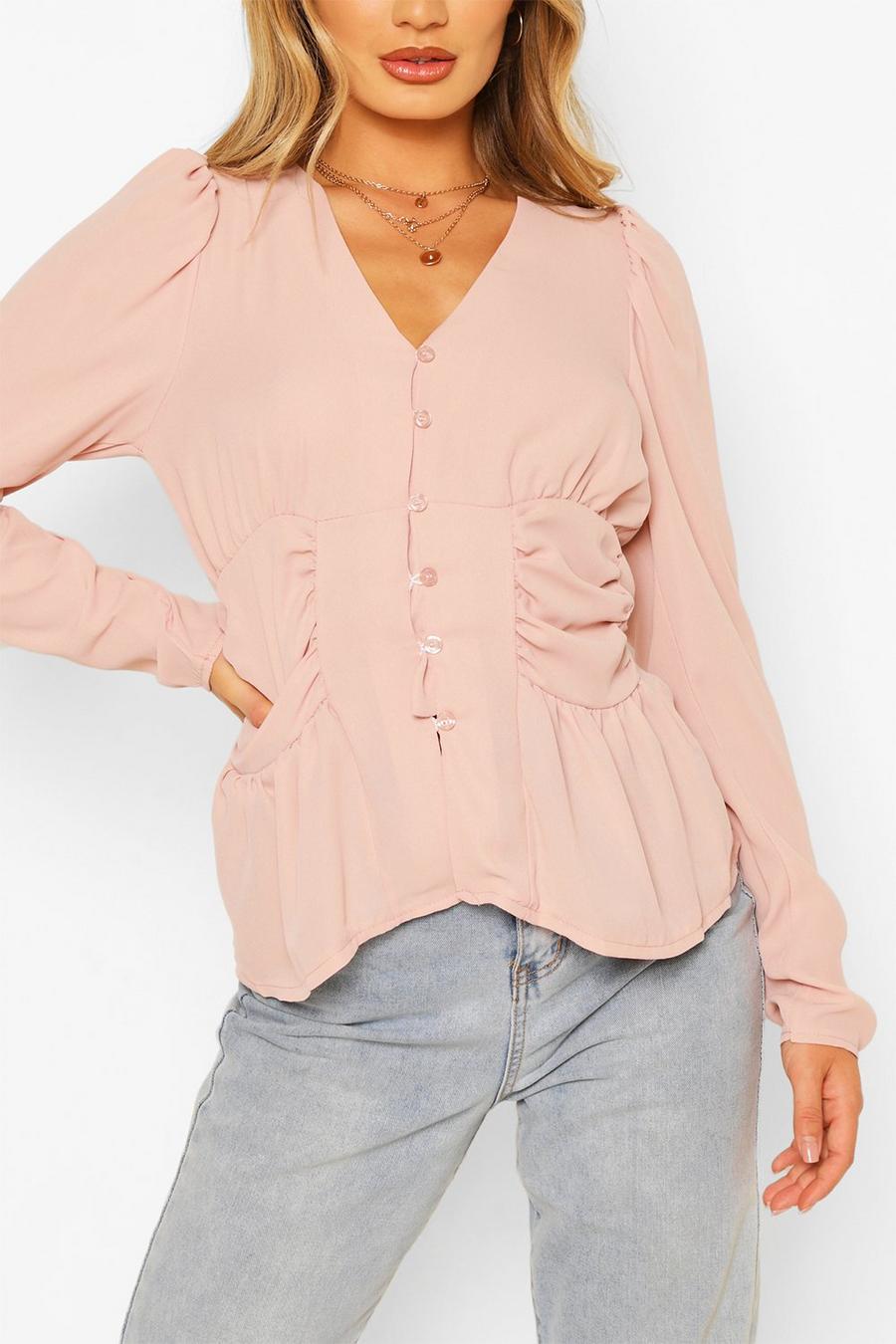 Blush Woven Ruched Button Through Blouse image number 1