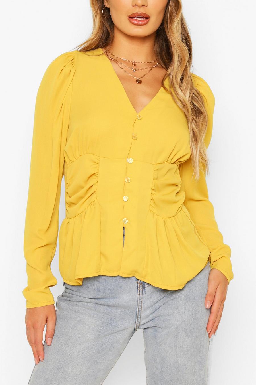 Geel Geweven Blouse Met Ruches En Knopen image number 1