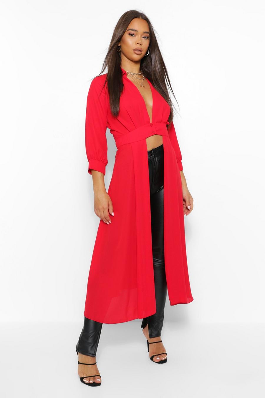 Red Woven Button Through Maxi Shirt image number 1