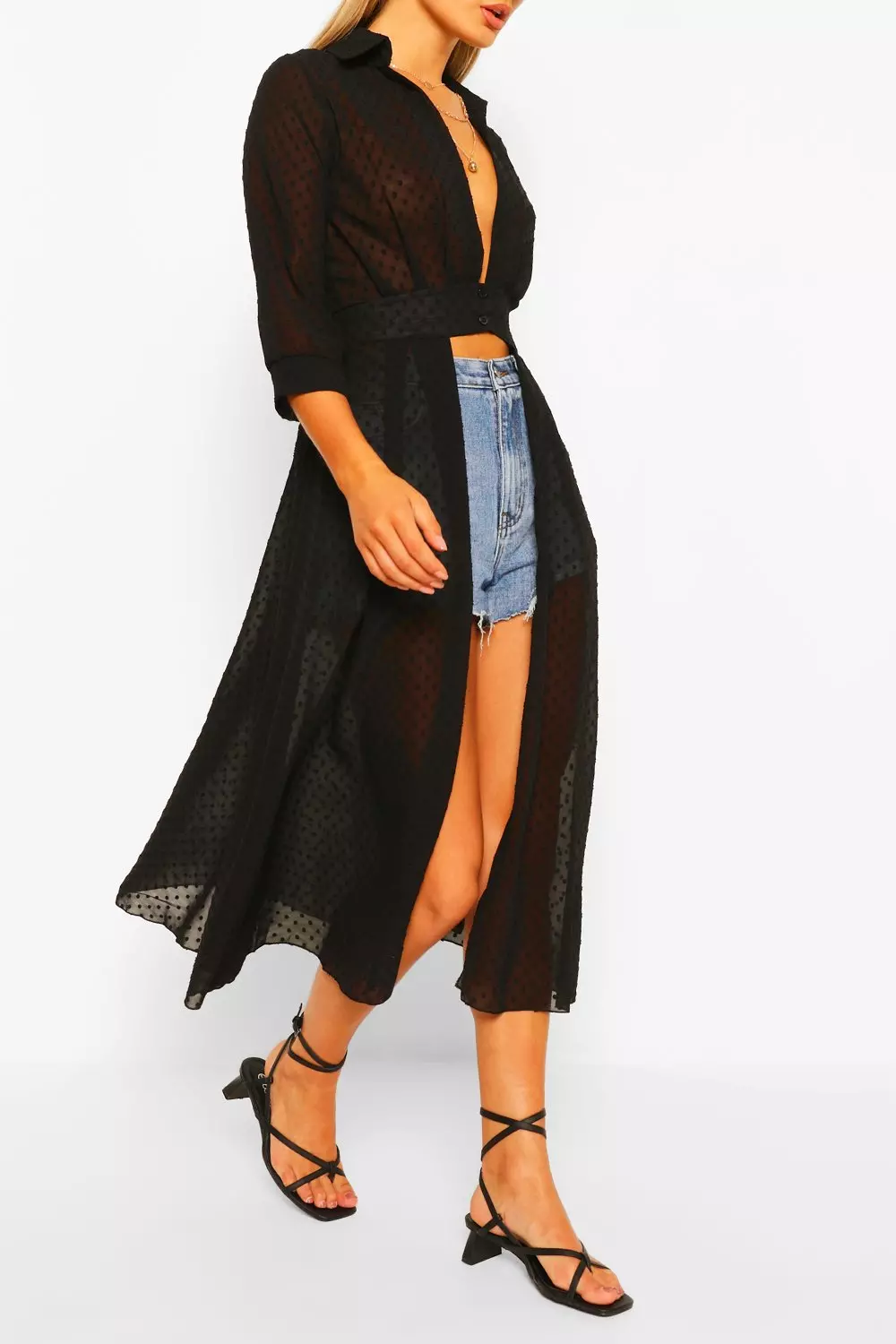 Black Woven Dobby Button Through Maxi Shirt alternative image