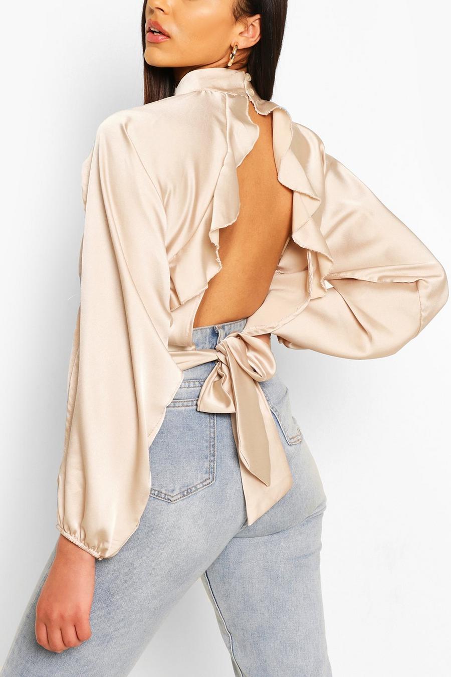 Champagne Satin Ruffle Open Back Blouse image number 1