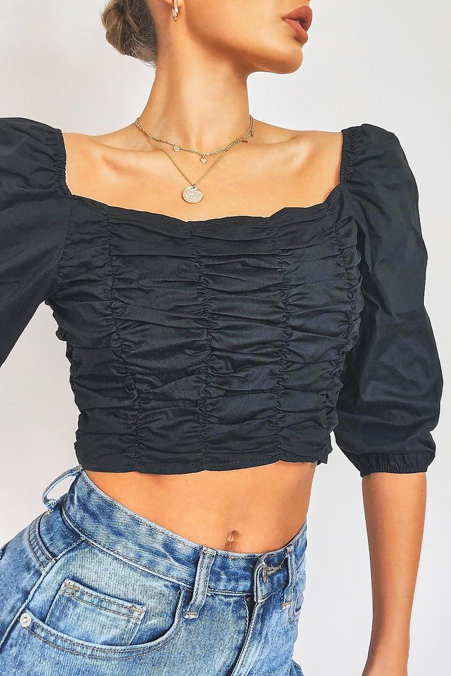 Black Woven Ruched Front Square Neck Crop Top image number 1