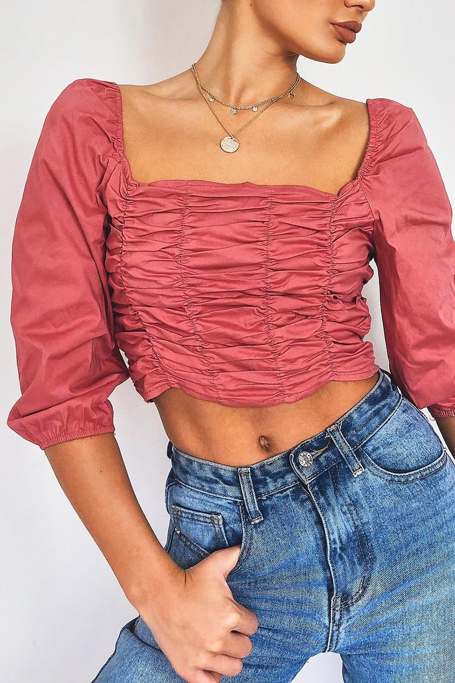 Rose Woven Ruched Front Square Neck Crop Top image number 1