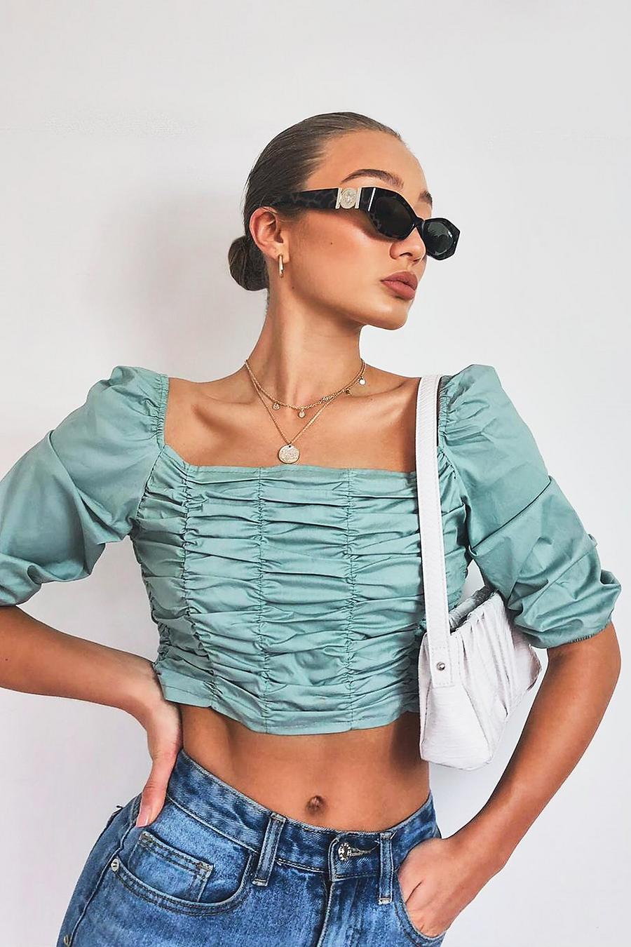 Sage Woven Ruched Front Square Neck Crop Top image number 1