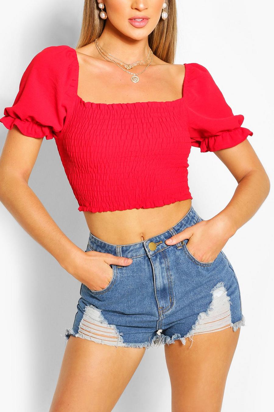 Red Linen Shirred Puff Sleeve Top image number 1