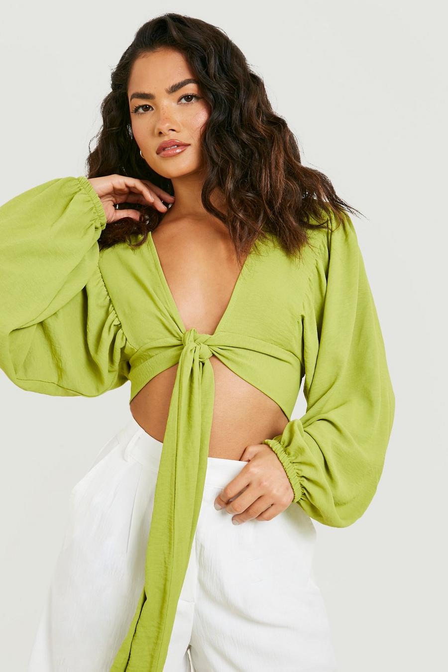 Olive Woven Tie Front Oversized Sleeve Crop Top image number 1