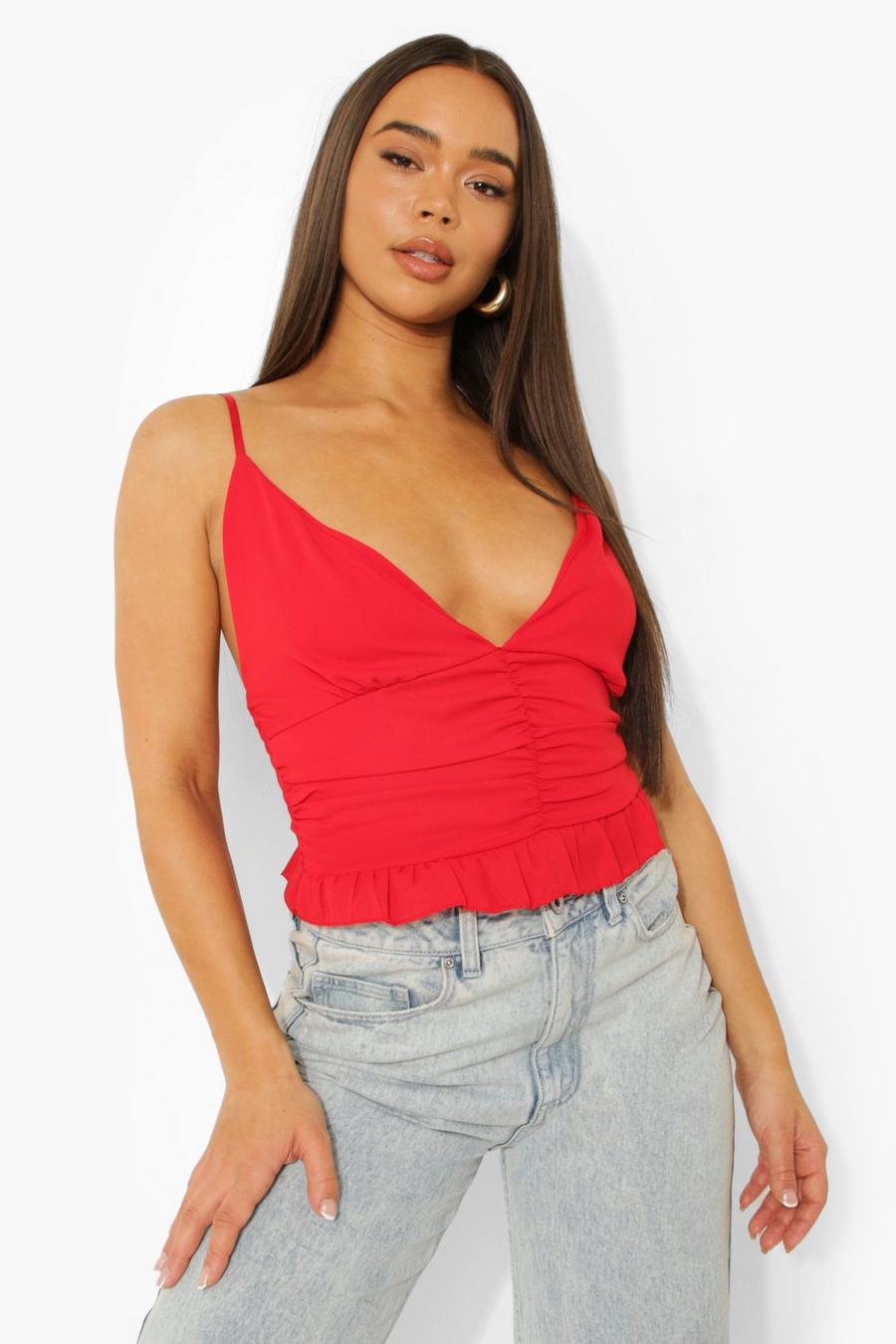 Red Woven Ruched Ruffle Cami Top image number 1