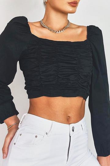 Black Woven Ruched Long Sleeve Crop Top