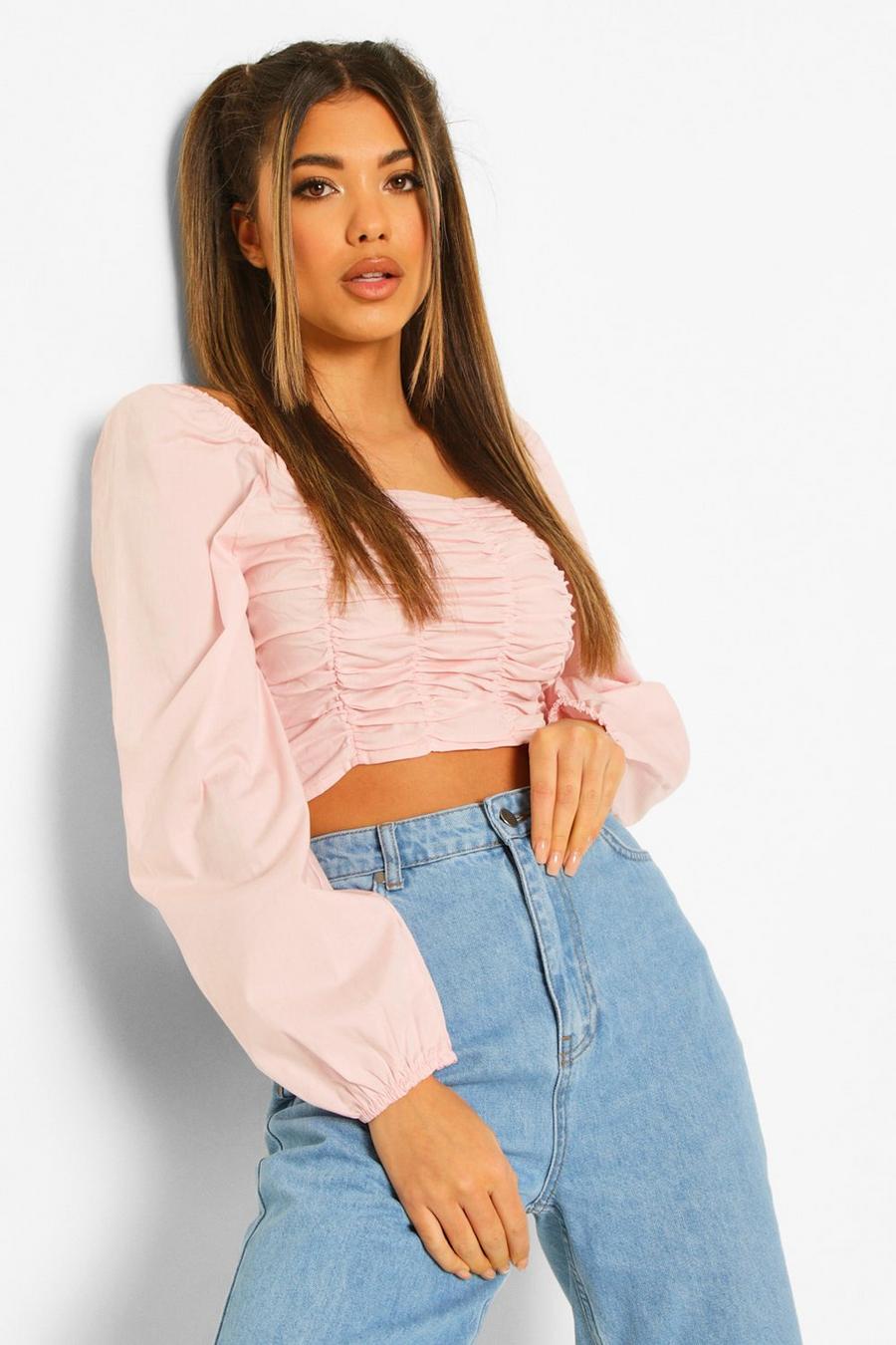 Natural Woven Ruched Long Sleeve Crop Top image number 1