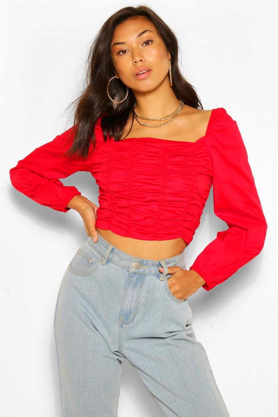 Red Woven Ruched Long Sleeve Crop Top image number 1