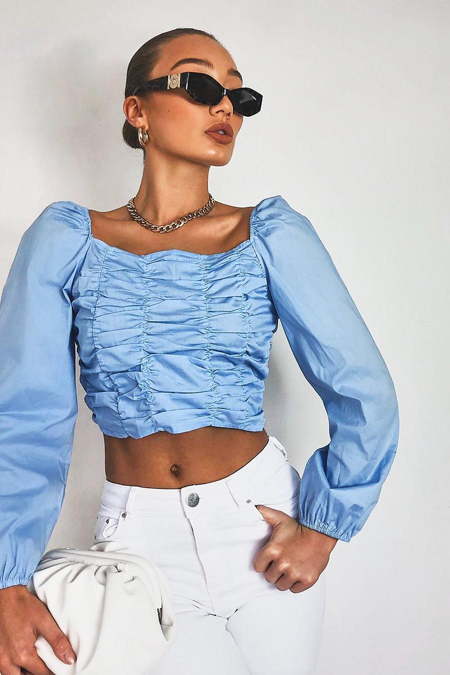 Sky Woven Ruched Long Sleeve Crop Top image number 1