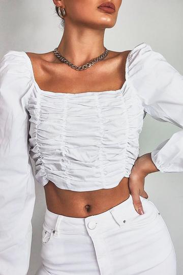 White Woven Ruched Long Sleeve Crop Top