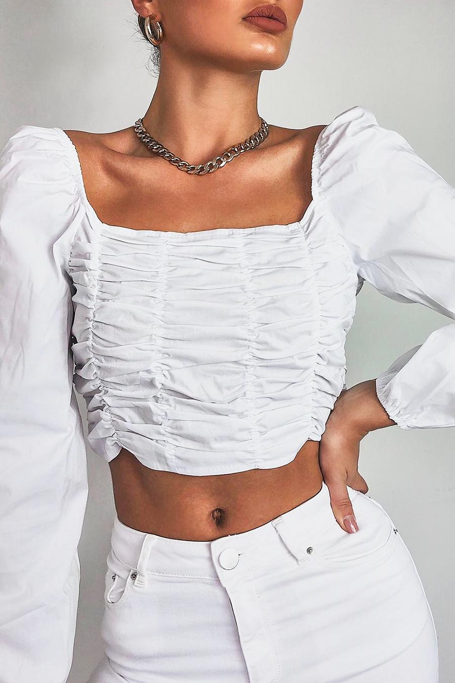 White Woven Ruched Long Sleeve Crop Top image number 1