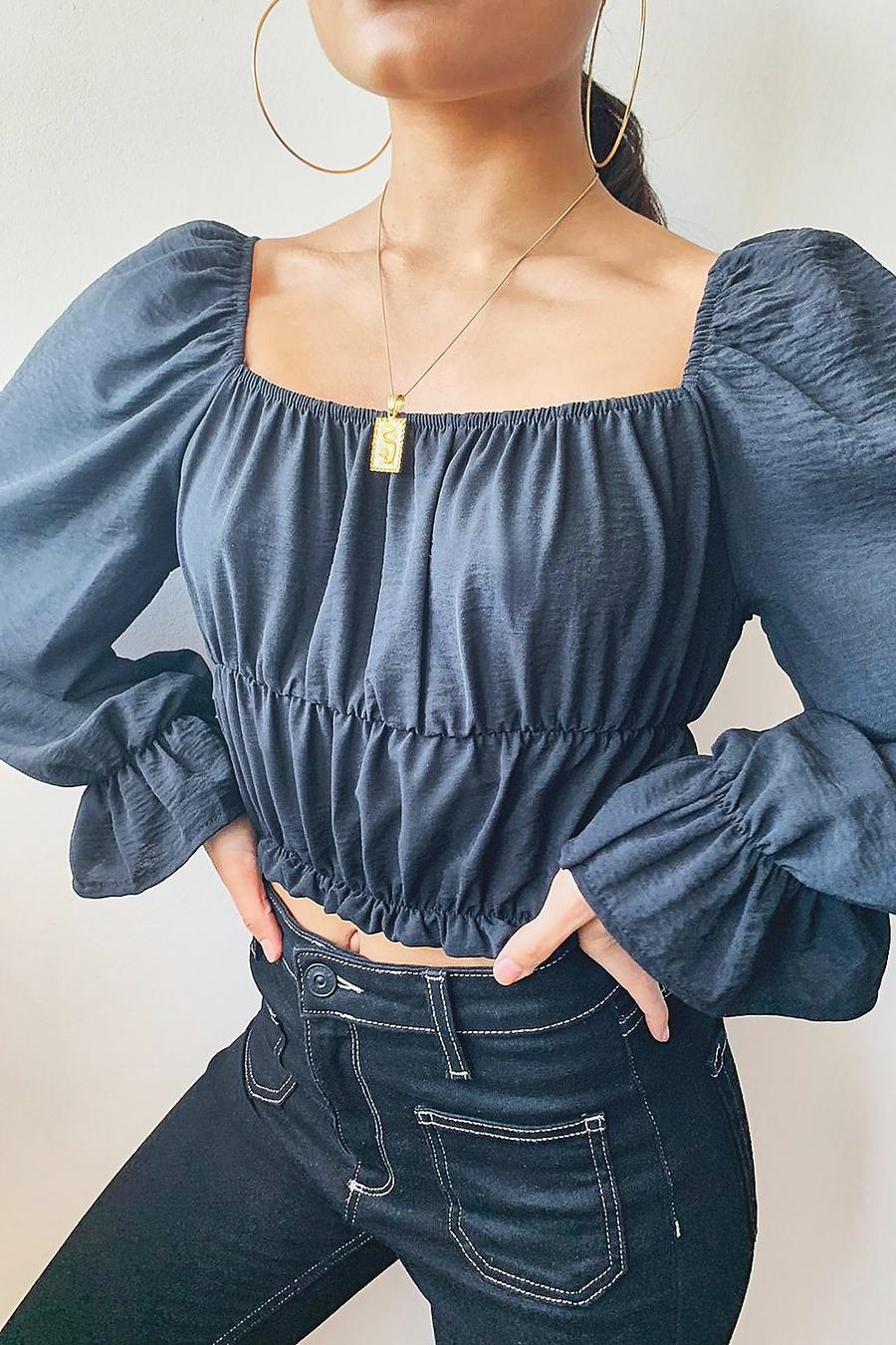 Black Woven Shirred Ruffle Crop Top image number 1