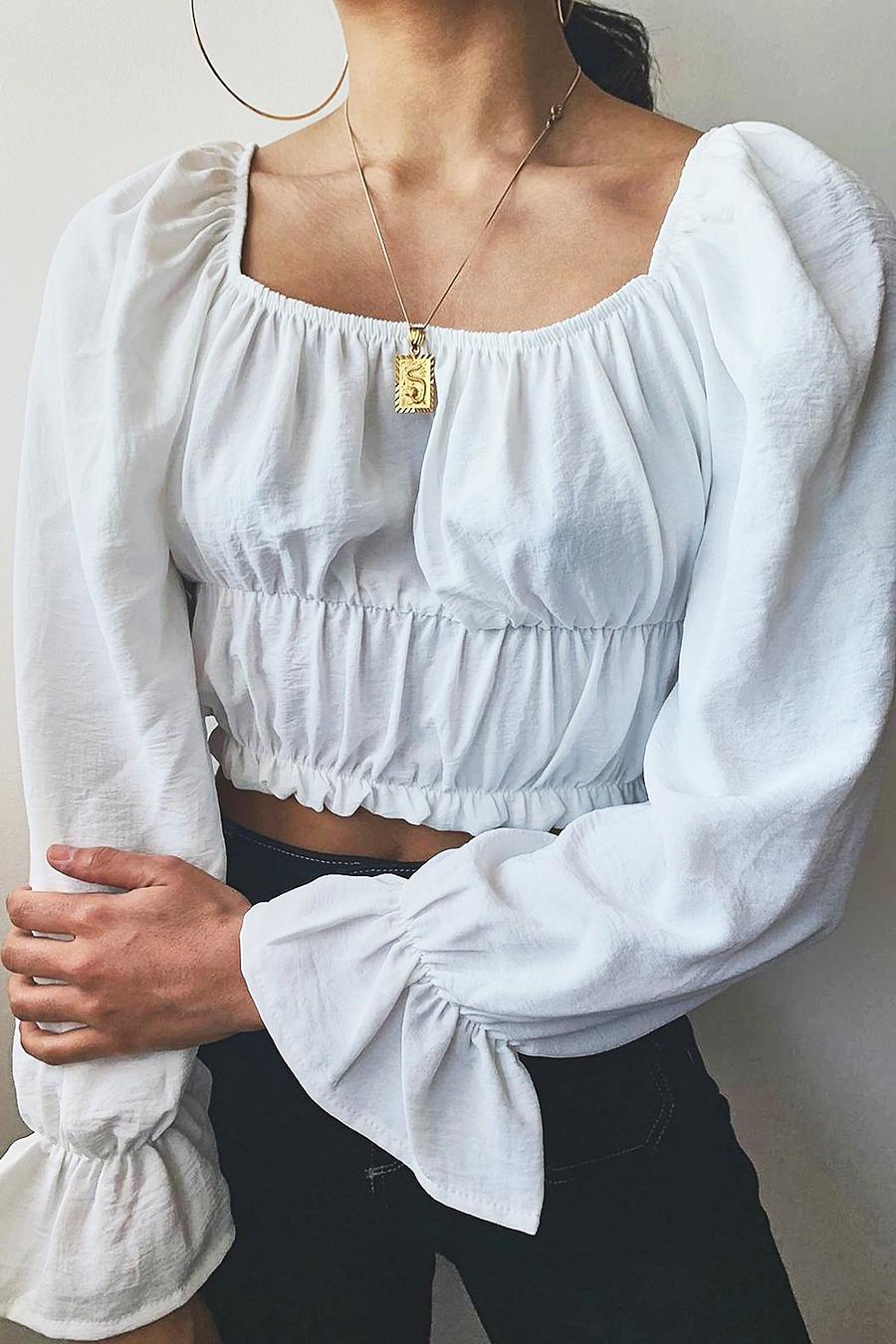 Ivory Woven Shirred Ruffle Crop Top image number 1