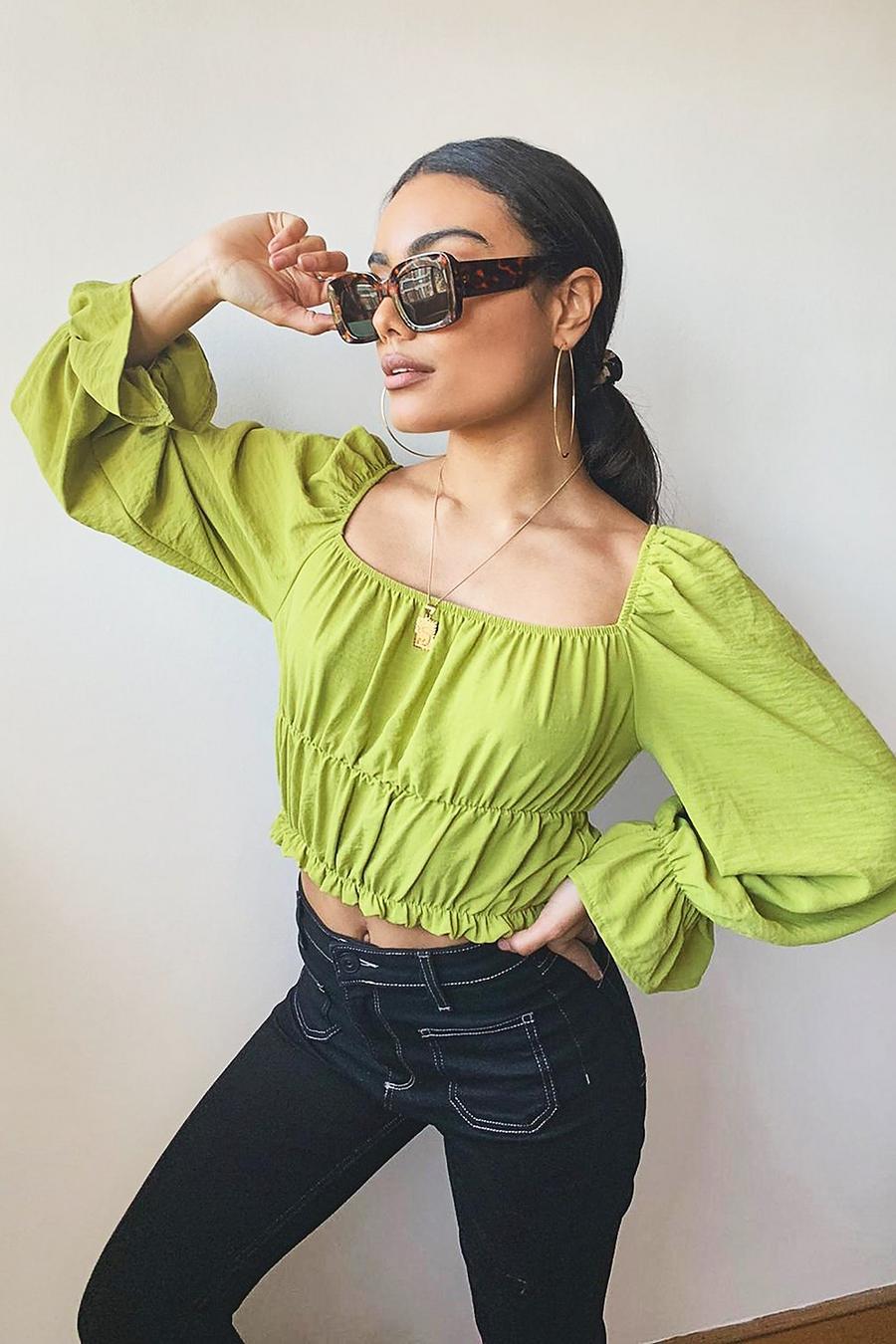 Olive Woven Shirred Ruffle Crop Top image number 1