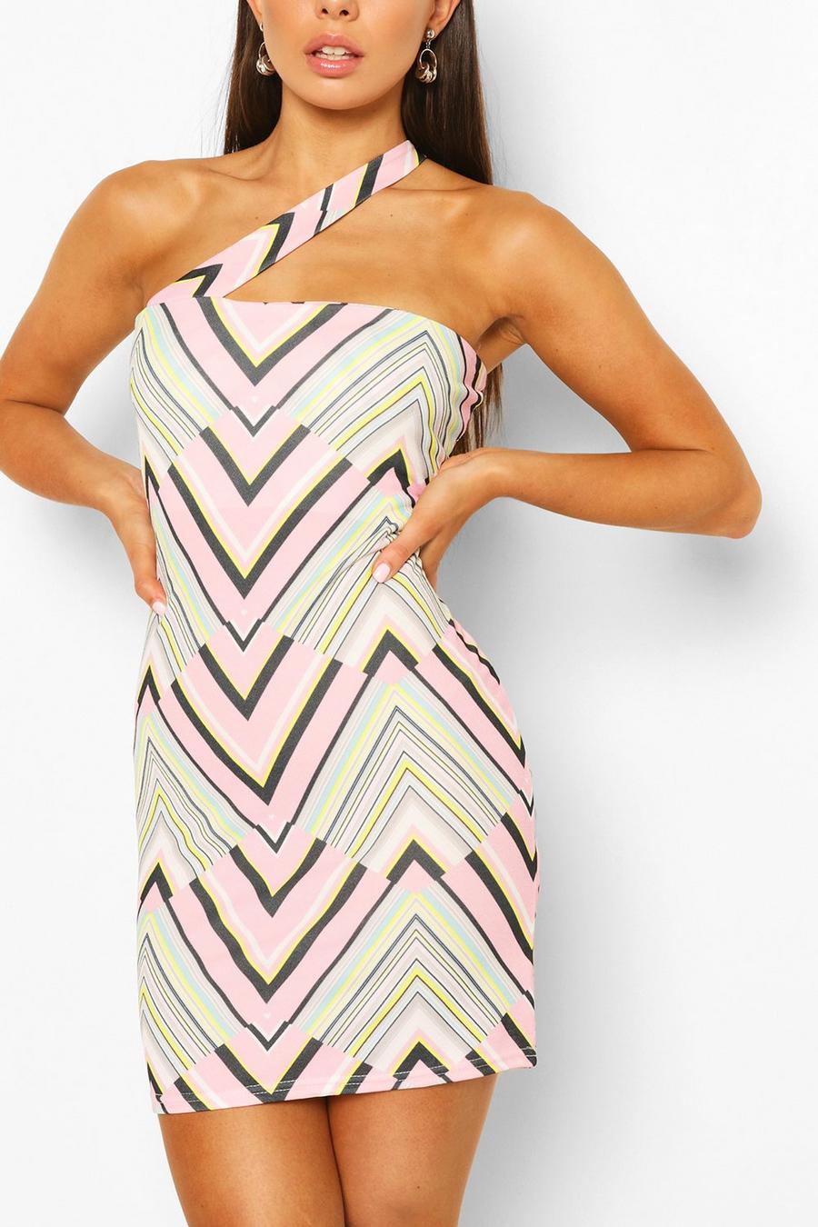 Kort one shoulder-klänning med geometriskt mönster image number 1