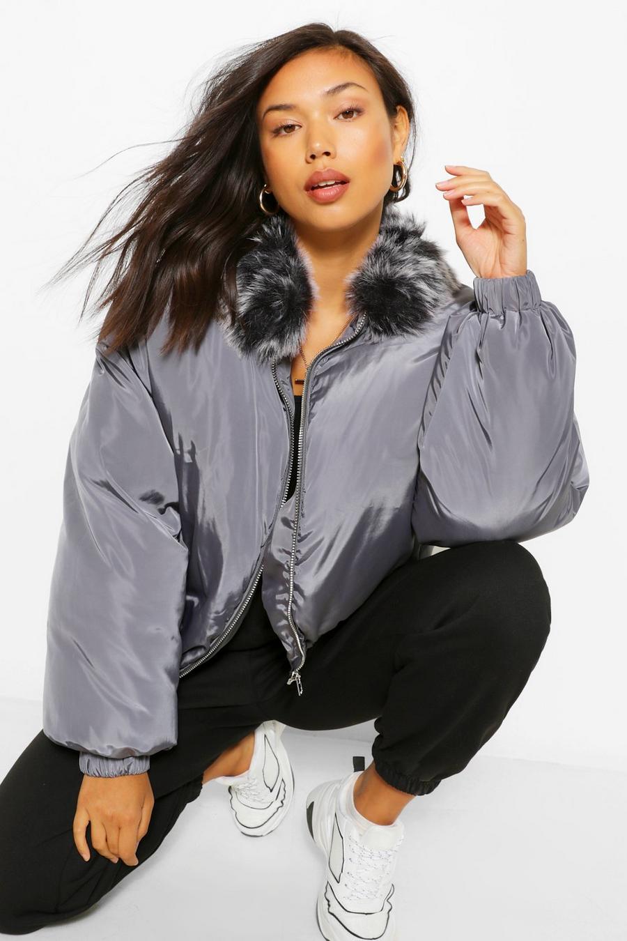 Charcoal Faux Fur Collar Puffer Jacket image number 1