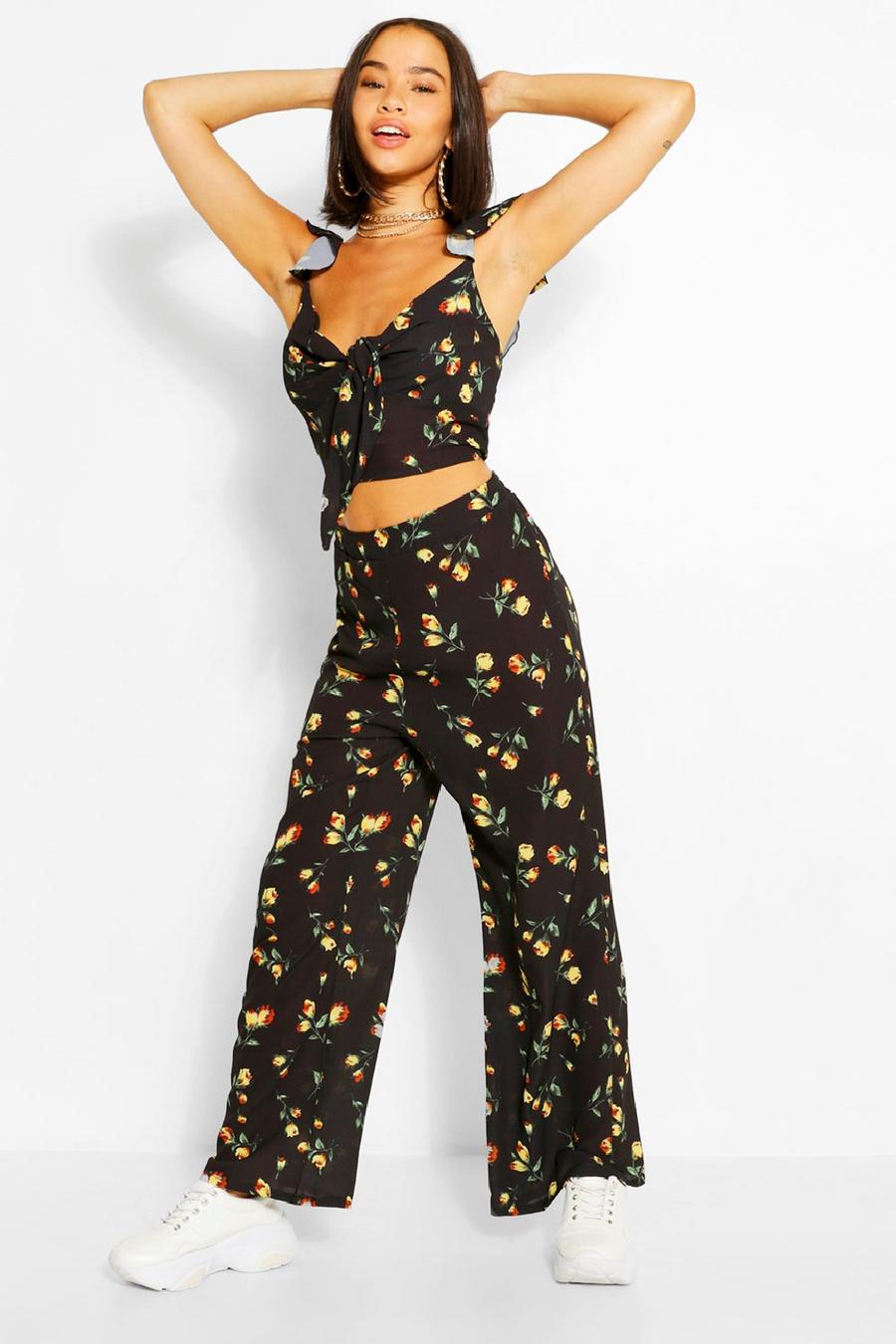 Black Floral Tie Front Top & Culottes Co-ord image number 1