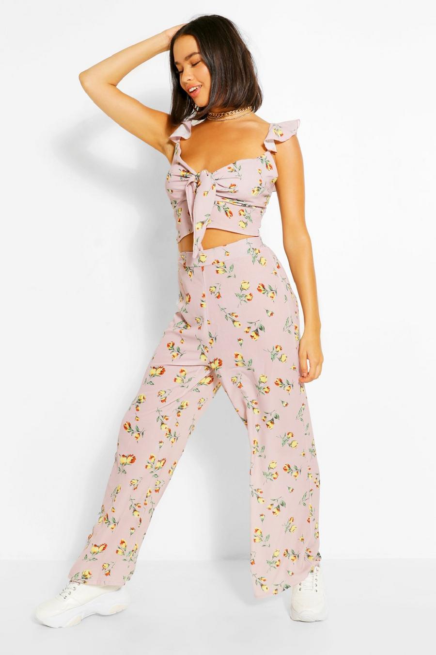 Rose Floral Tie Front Top & Culottes Co-ord image number 1