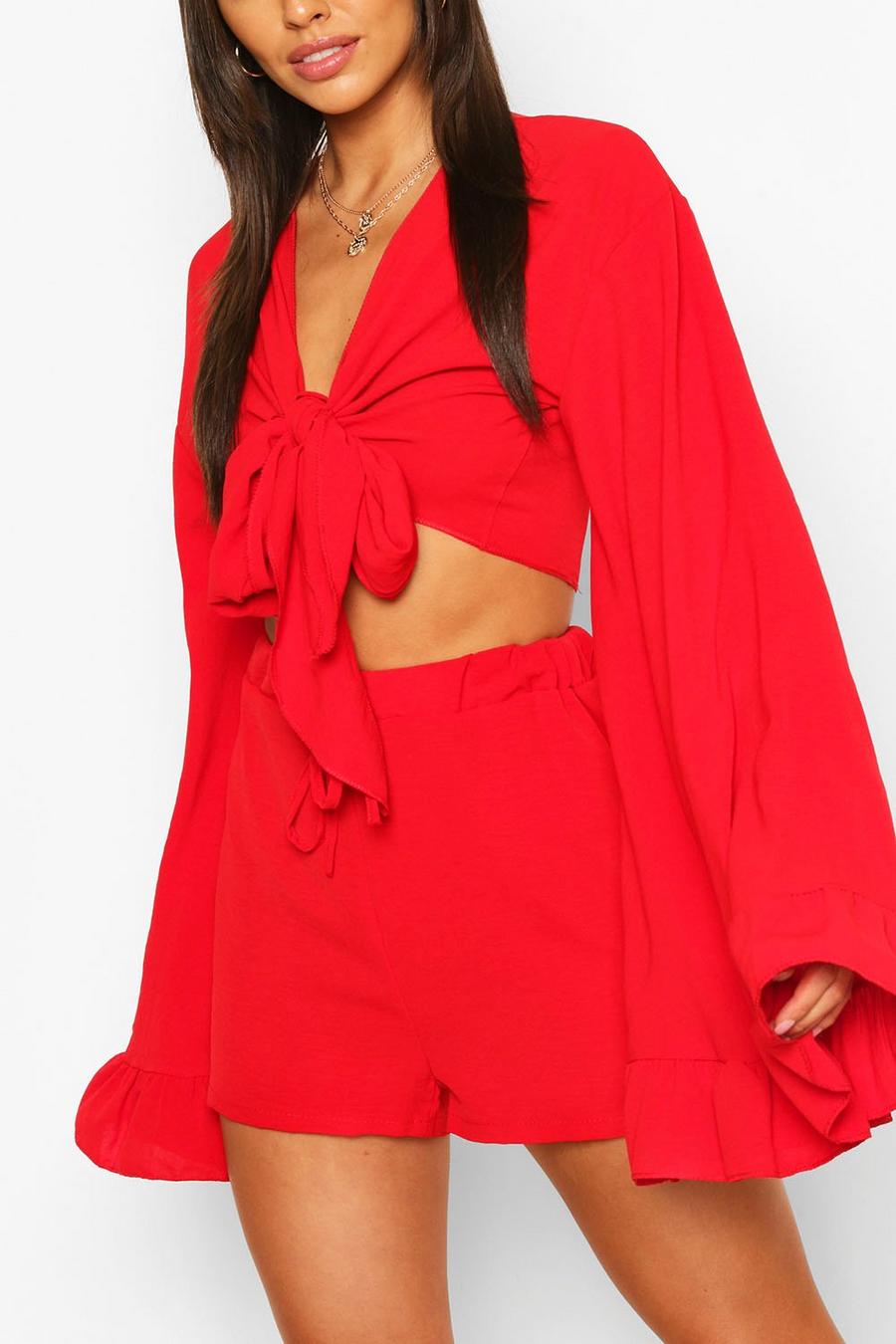 Red rouge Flare Sleeve Top & Frill Hem Shorts Co-ord image number 1