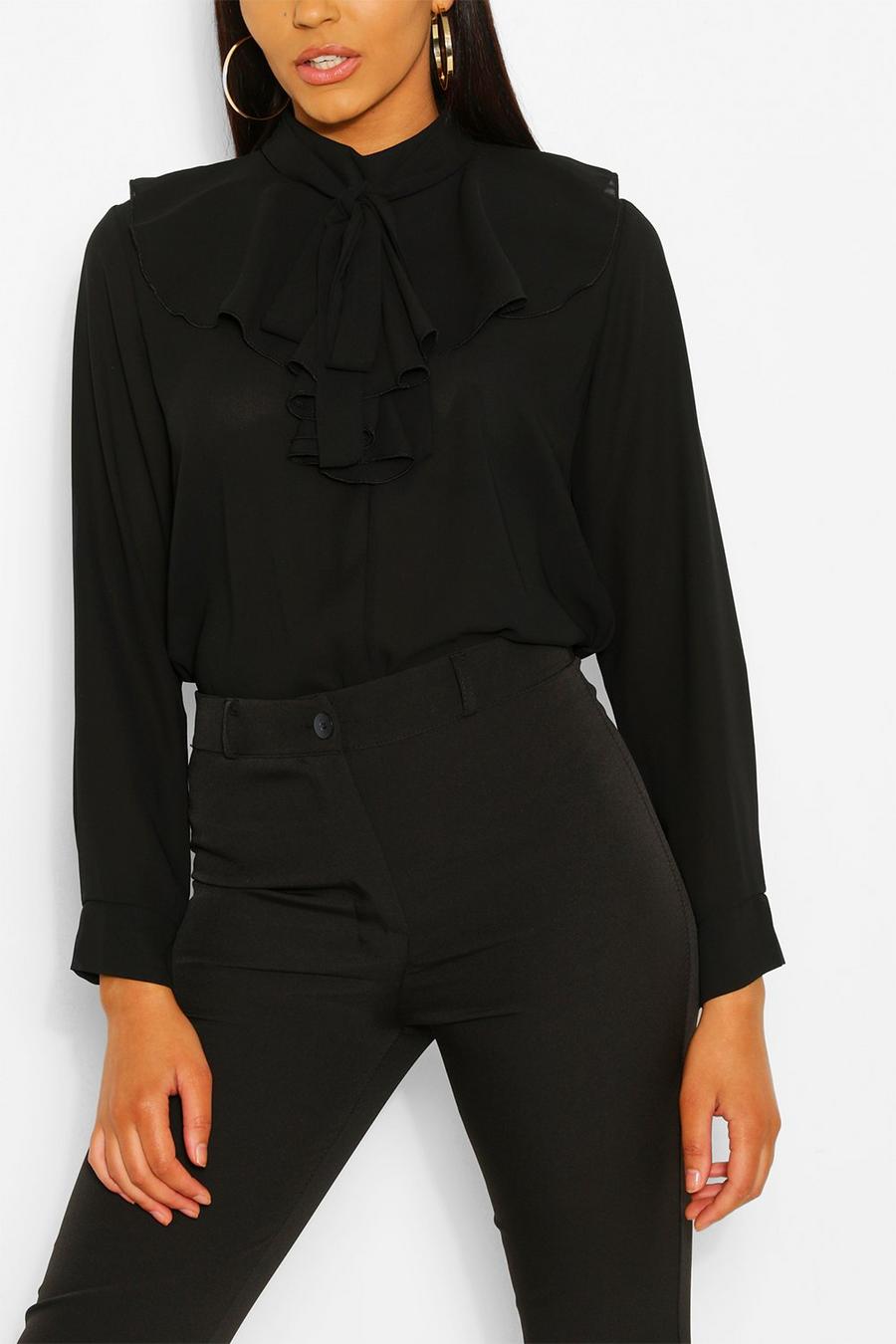 Black Woven Ruffle Pussy Bow Blouse image number 1