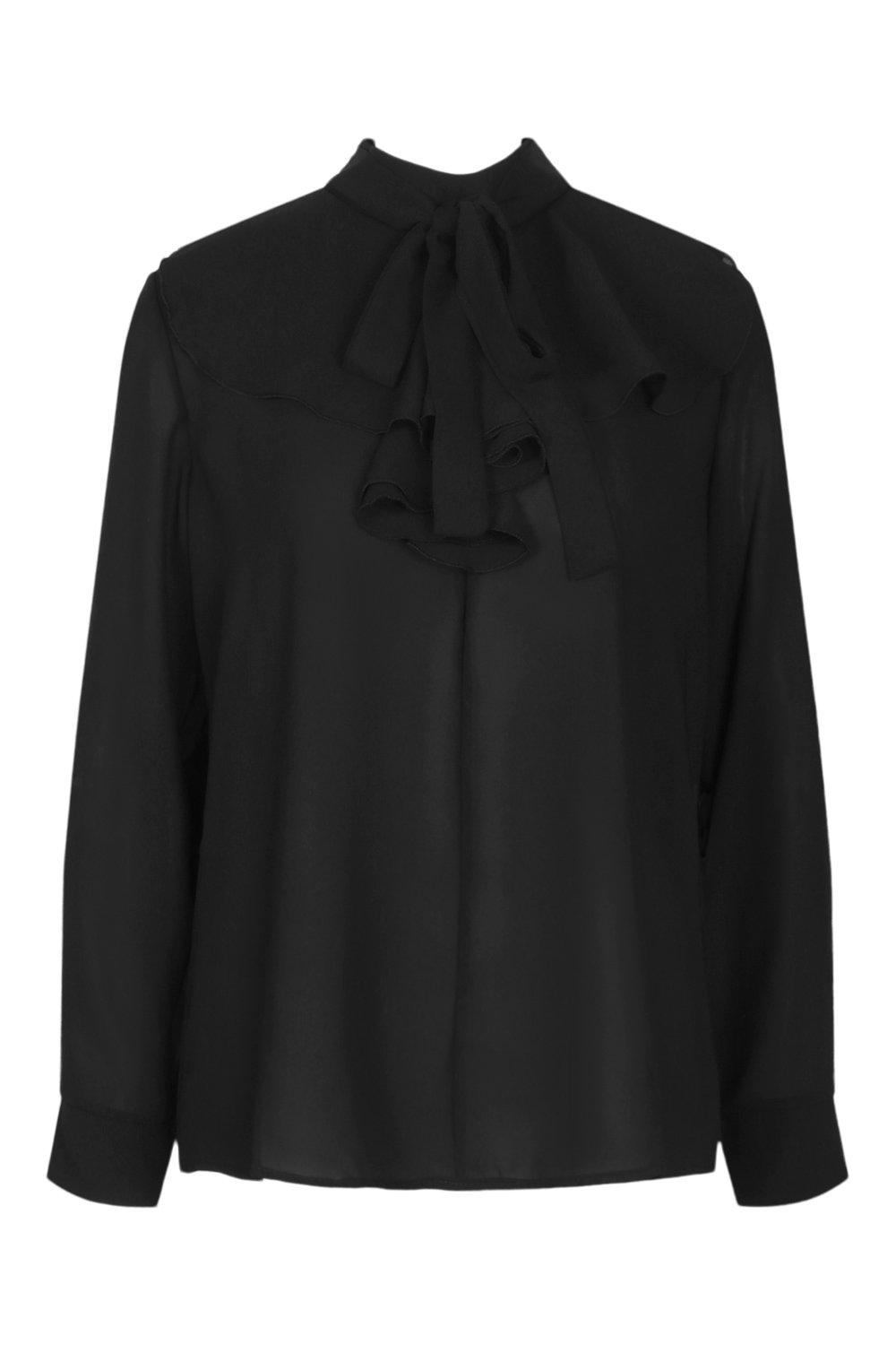 Woven Ruffle Pussy Bow Blouse