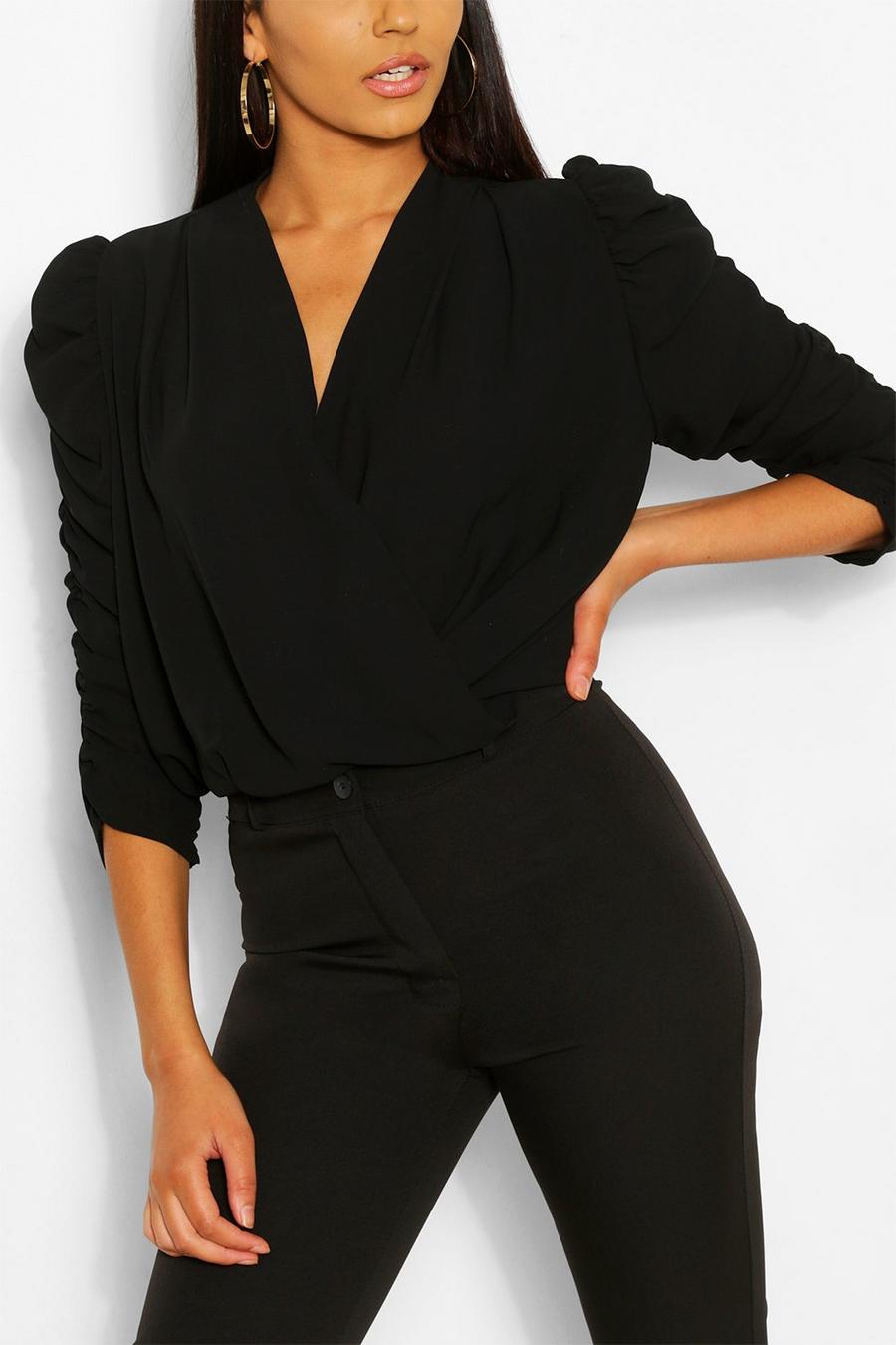 Black Woven Ruched Sleeve Blouse image number 1