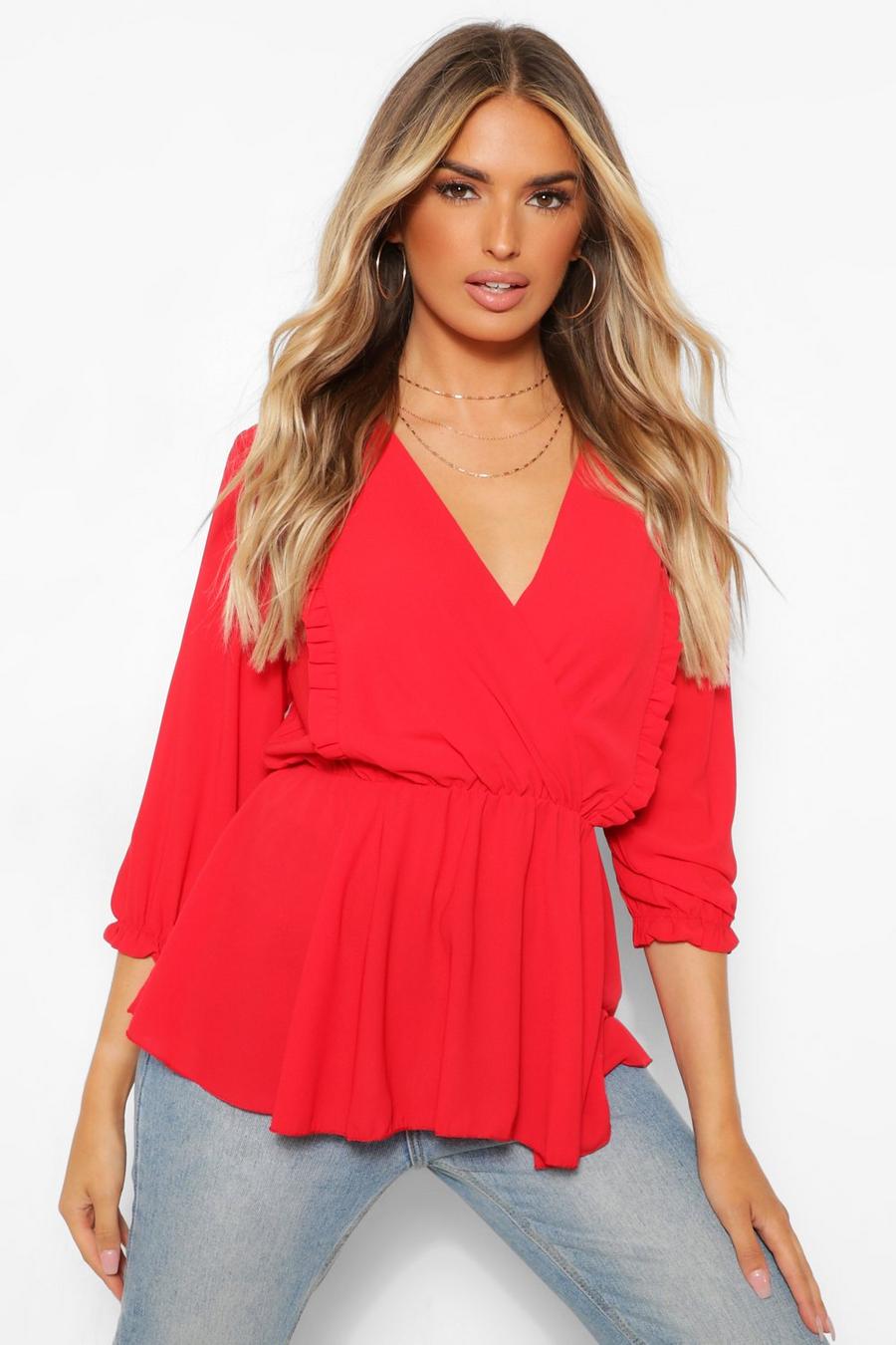 Red Woven Ruffle Peplum Blouse image number 1