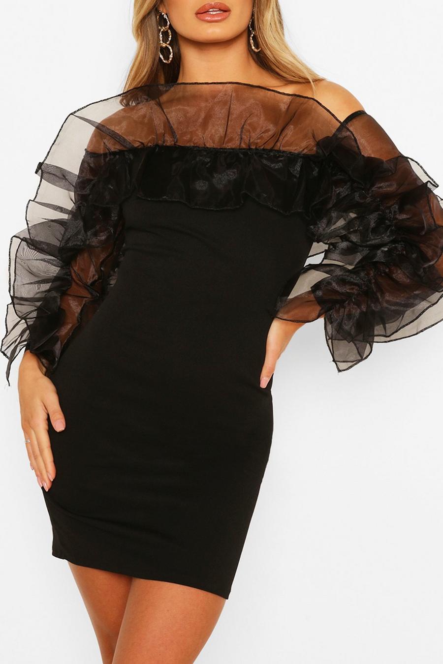 Zwart Extreme organza mini-jurk met ruches en blote schouder image number 1