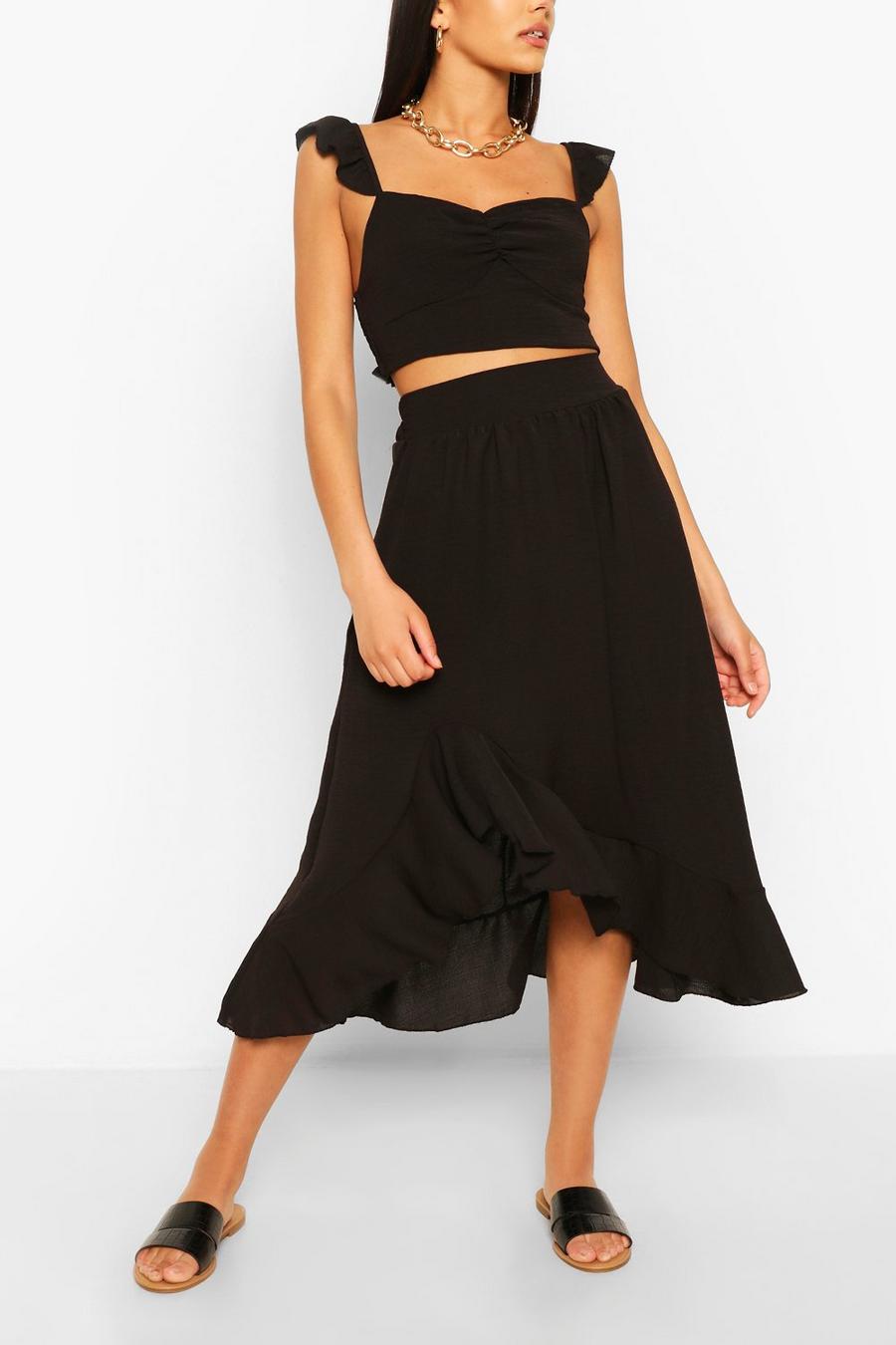 Black Frill Shoulder Top & Ruffle Midi Skirt image number 1