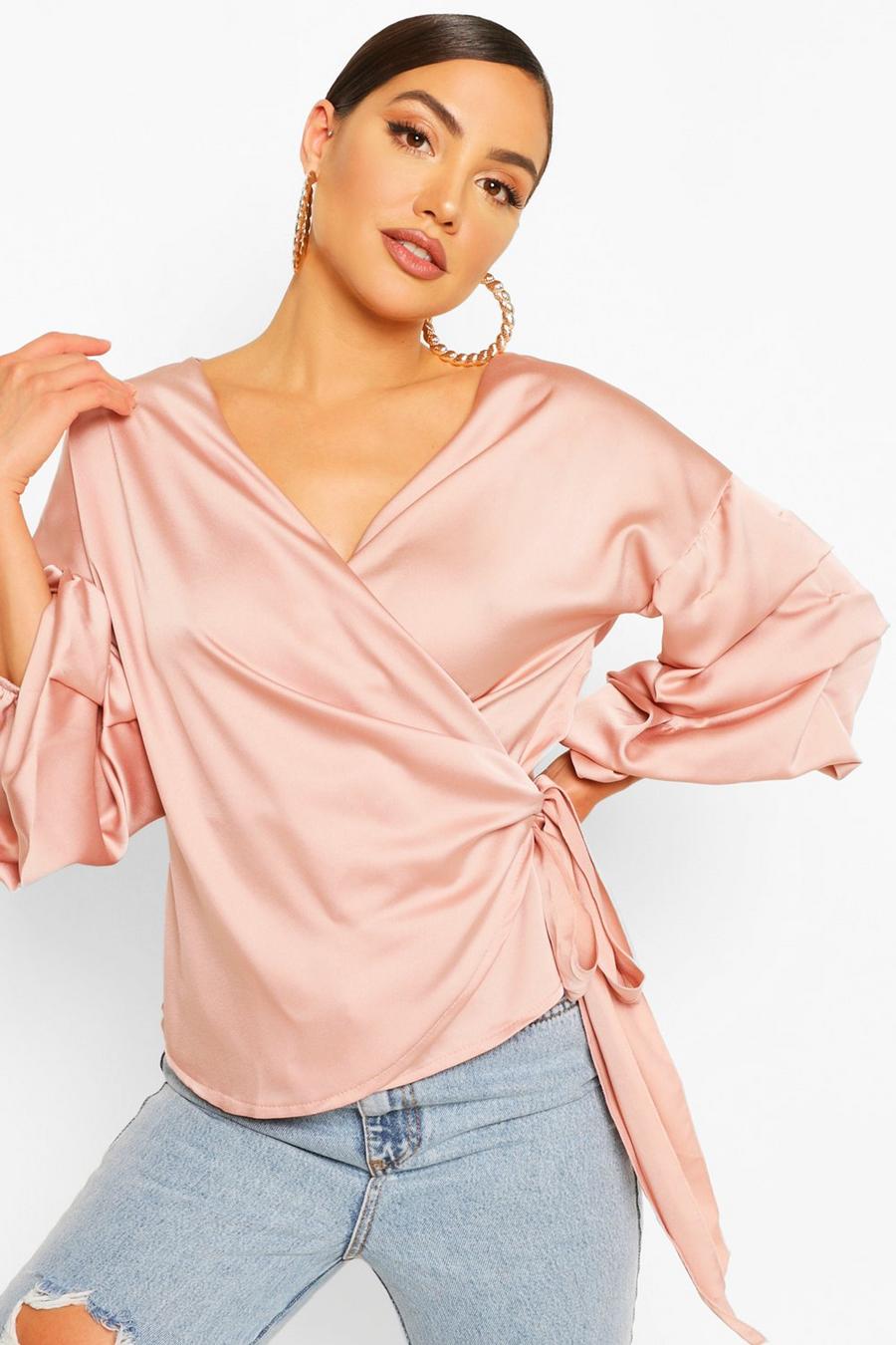 Blush Satin Ruffle Sleeve Crop Top image number 1