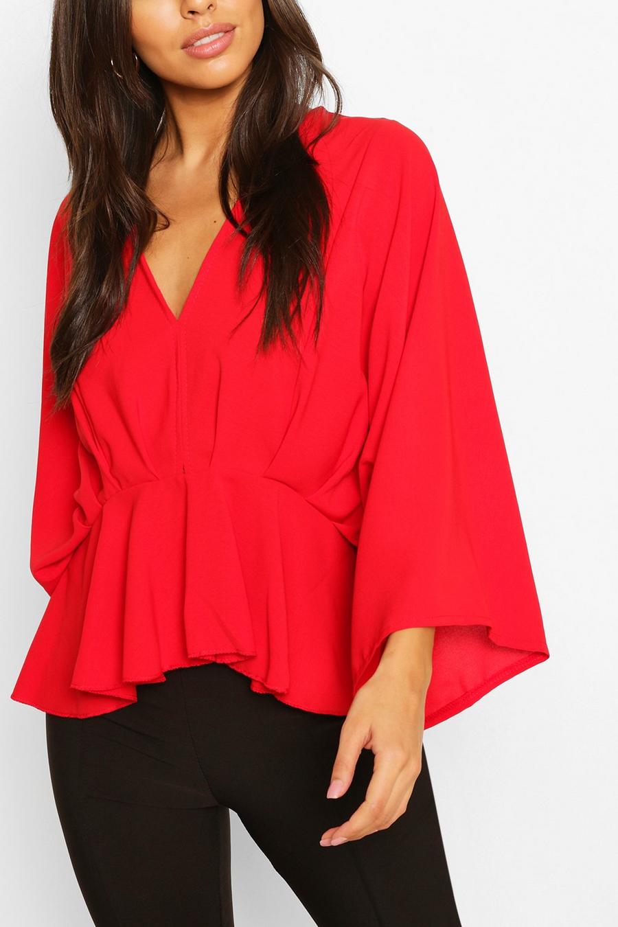 Red Woven Pleated Kimono Sleeve Top image number 1