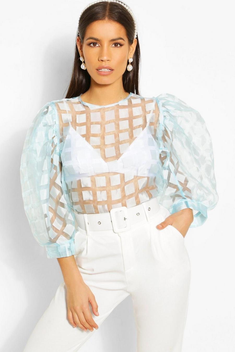 Blue Check Organza Puff Sleeve Top image number 1