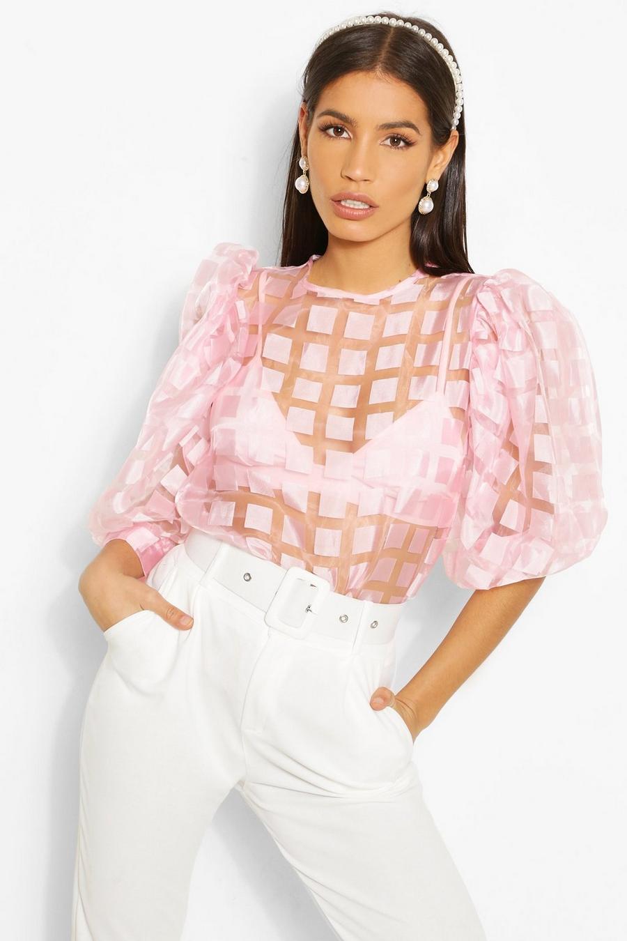 Pink Check Organza Puff Sleeve Top image number 1