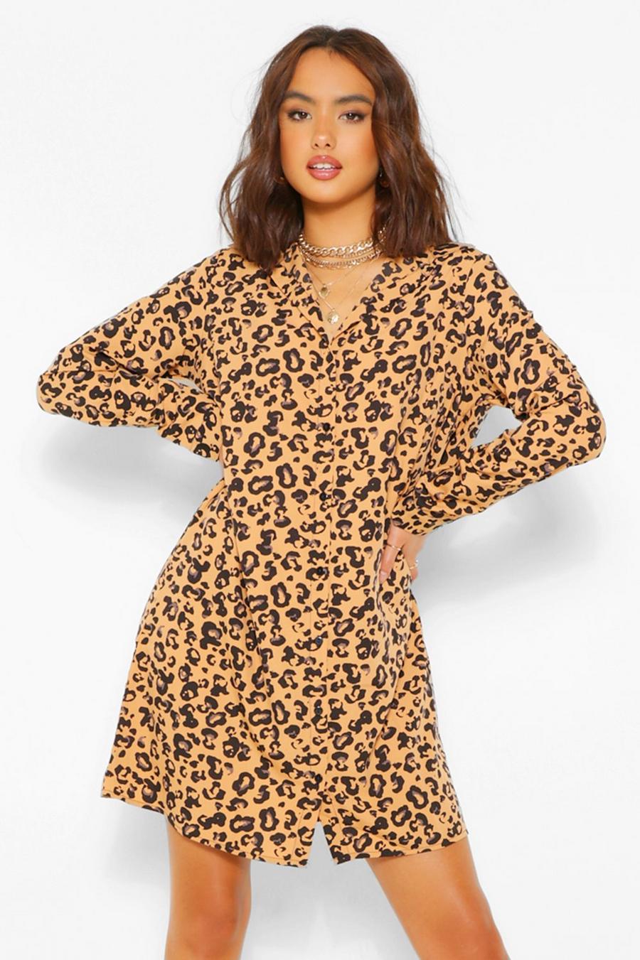 Camel beige Leopard Print Shirt Dress image number 1