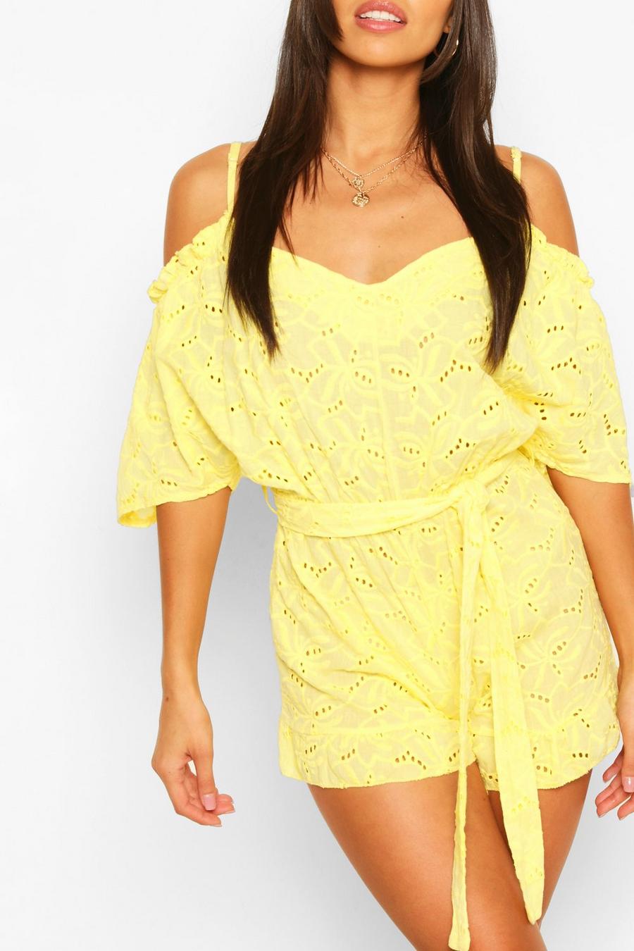 Lemon yellow Broderie Lace Cold Shoulder Belted Playsuit image number 1