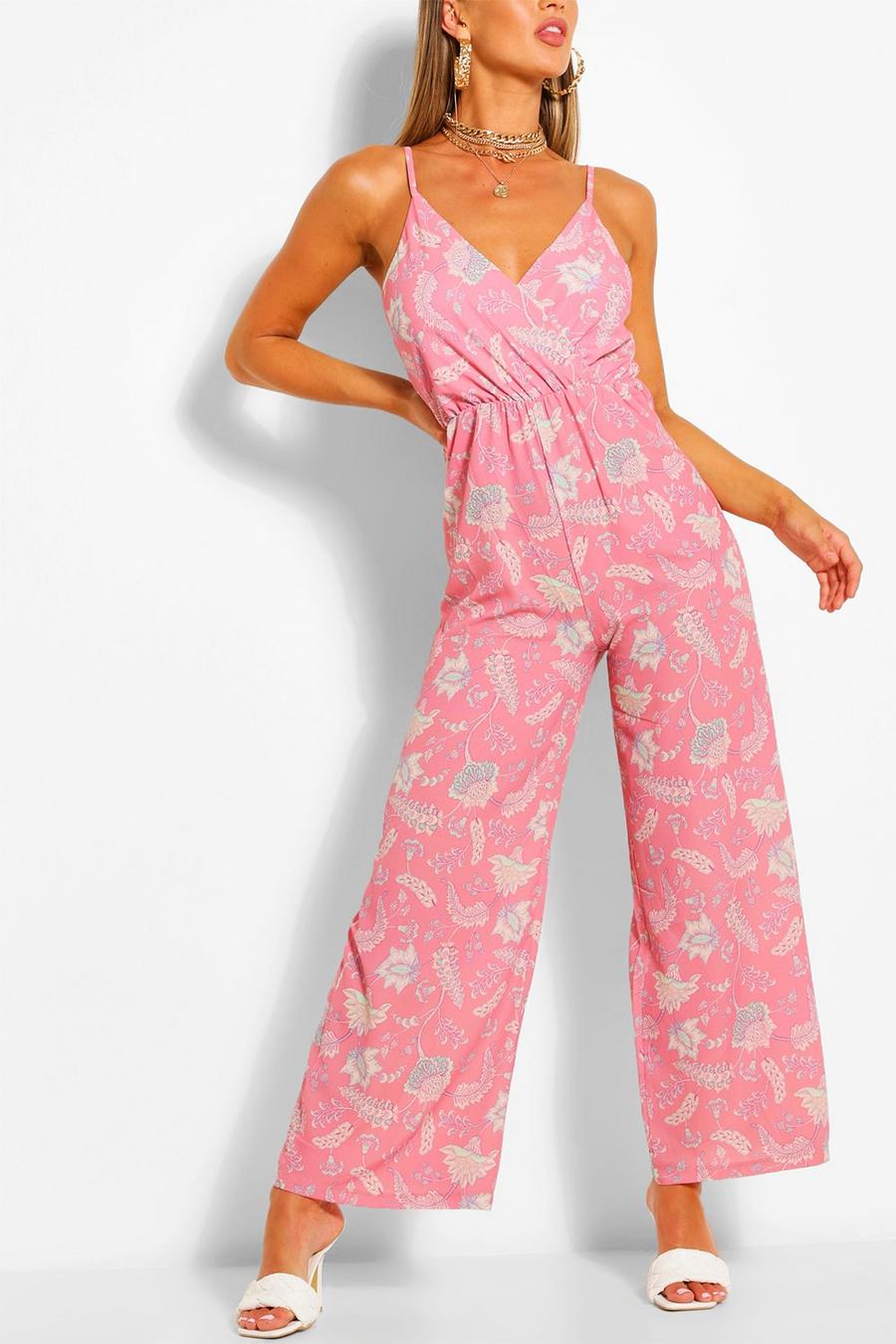 Pink Paisley Print Wrap Strappy Jumpsuit image number 1