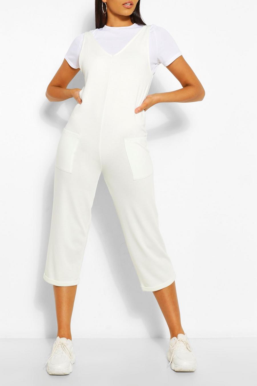 White Soft Loopback Slouch Dungaree With Pockets image number 1
